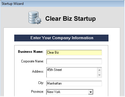 Clear Biz Startup Screenshot (Company Information)