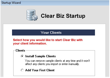 Clear Biz Startup Screenshot (Sample Clients)