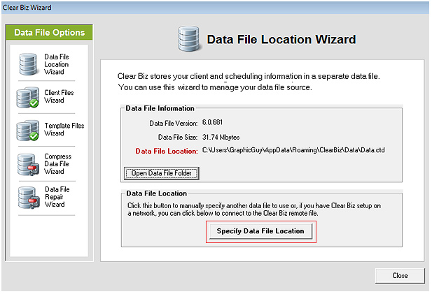 Specify Data File Location Screenshot