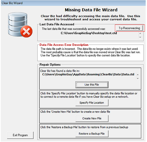 Missing Data File Screenshot