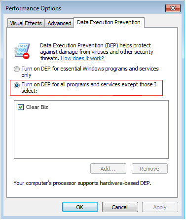 Windows Server Data Execution Prevention Screenshot